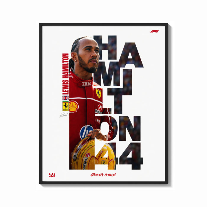 Framed Lewis Hamilton 44 Ferrari red framed F1 poster with cut-out type print shown as a bold statement piece on a clean…