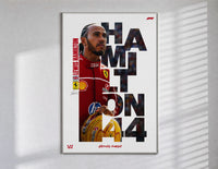 Lewis Hamilton 44 Ferrari red framed F1 poster with cut-out type poster in a slim frame on a bright wall with soft window…