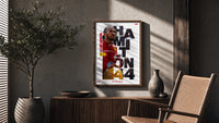 Lewis Hamilton 44 Ferrari red framed F1 poster with cut-out type poster framed above a fluted sideboard beside an olive tree