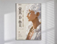 White-haired Gear 5 Luffy framed One Piece poster with calligraphy poster in a slim frame on a bright wall with soft…