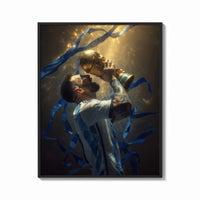 Framed Messi kissing the World Cup trophy framed poster in golden confetti print shown as a bold statement piece on a…
