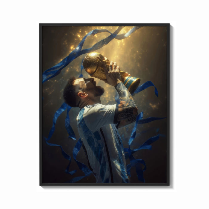 Framed Messi kissing the World Cup trophy framed poster in golden confetti print shown as a bold statement piece on a…