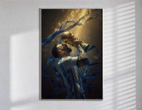 Messi kissing the World Cup trophy framed poster in golden confetti poster in a slim frame on a bright wall with soft…