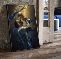 Messi kissing the World Cup trophy framed poster in golden confetti print in a black frame leaning beside a vintage door…