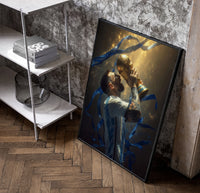 Messi kissing the World Cup trophy framed poster in golden confetti poster in a black frame leaning beside a shelf in a…