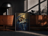 Black-framed Messi kissing the World Cup trophy framed poster in golden confetti print on a moody console with designer…