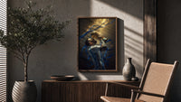 Messi kissing the World Cup trophy framed poster in golden confetti poster framed above a fluted sideboard beside an…