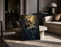 Messi kissing the World Cup trophy framed poster in golden confetti print in a black frame leaning on a travertine table…
