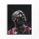 Framed Michael Jordan Legacy portrait looking upward in red Chicago Bulls jersey with paint effects
