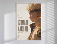 Gold Naruto Six Paths Sage framed anime poster on cream poster in a slim frame on a bright wall with soft window light