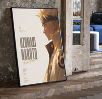 Gold Naruto Six Paths Sage framed anime poster on cream print in a black frame leaning beside a vintage door on parquet