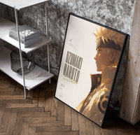 Gold Naruto Six Paths Sage framed anime poster on cream poster in a black frame leaning beside a shelf in a raw-plaster loft