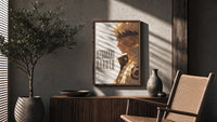 Gold Naruto Six Paths Sage framed anime poster on cream poster framed above a fluted sideboard beside an olive tree