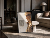 Gold Naruto Six Paths Sage framed anime poster on cream print in a black frame leaning on a travertine table in a sunlit…