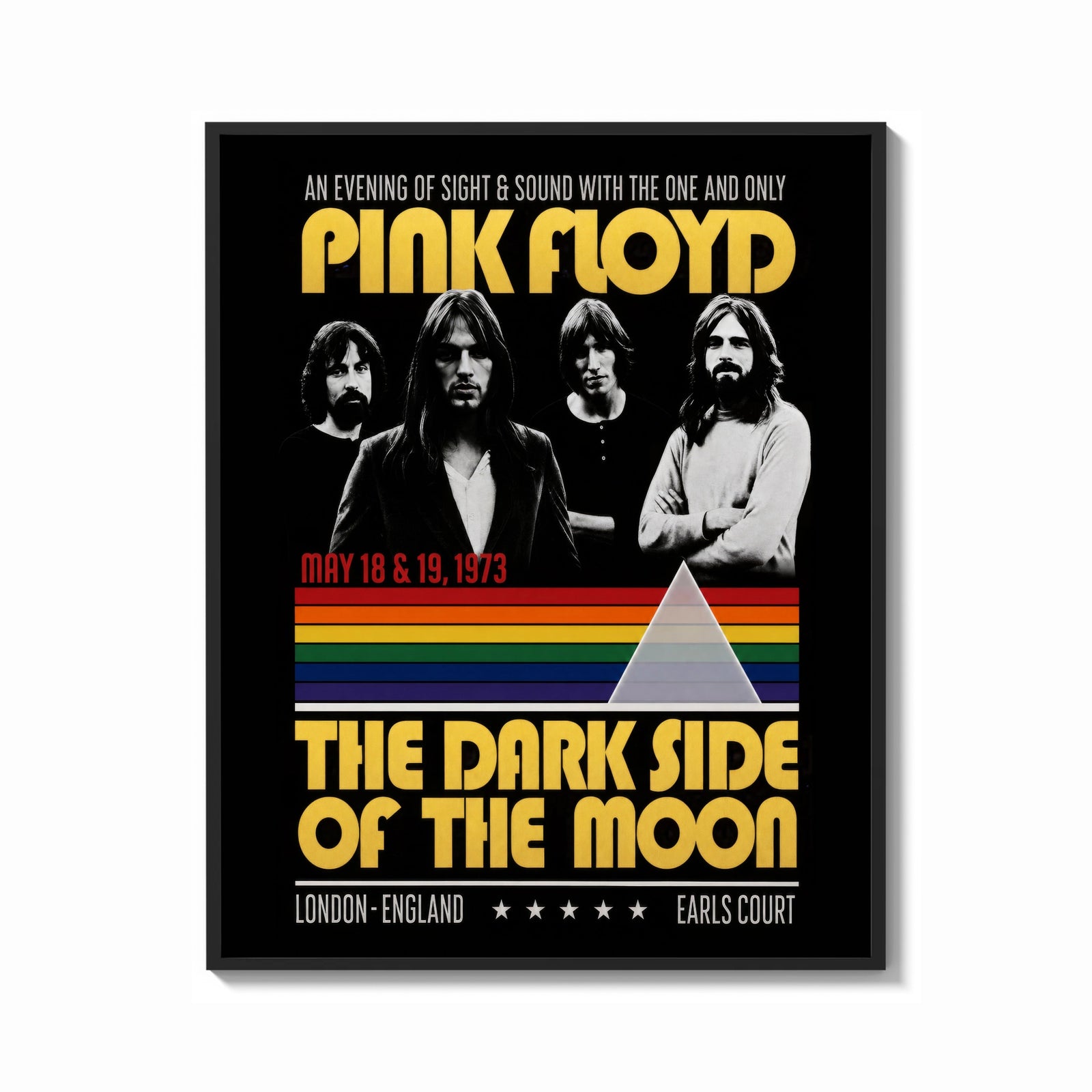 Framed Pink Floyd vintage concert style framed poster with rainbow prism print shown as a bold statement piece on a clean…