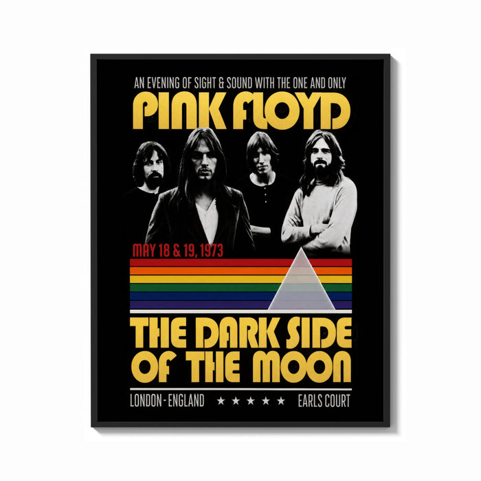 Framed Pink Floyd vintage concert style framed poster with rainbow prism print shown as a bold statement piece on a clean…