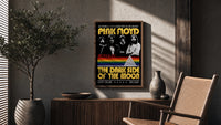 Pink Floyd vintage concert style framed poster with rainbow prism poster framed above a fluted sideboard beside an olive tree