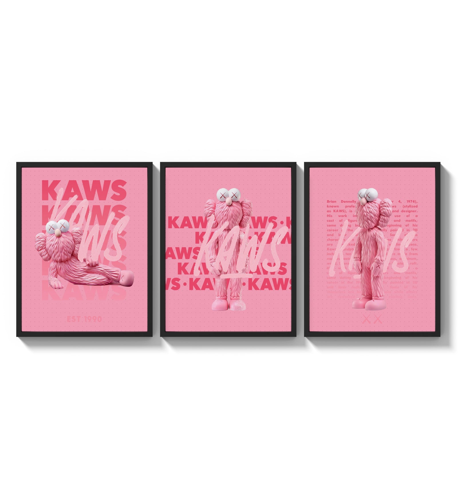 Pink furry KAWS Companion framed poster set of 3 three-panel set arranged as a triptych on a bright gallery wall