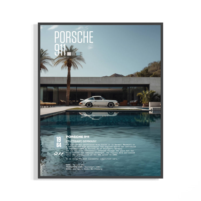Framed white Porsche 911 poster beside a blue pool with palm tree and mountain backdrop