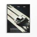 Framed Porsche 911 poster with overhead view of a silver classic coupe in dramatic shadow and light