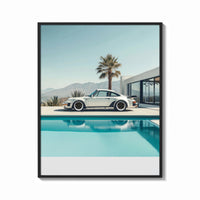 Framed Cream Porsche 911 poolside framed car poster with palms print shown as a bold statement piece on a clean gallery wall