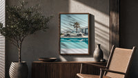 Cream Porsche 911 poolside framed car poster with palms poster framed above a fluted sideboard beside an olive tree