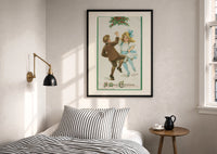 Frances Brundage Dancing Children print in a black frame above a bed with striped linens