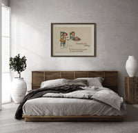 Frances Brundage Thanksgiving Day Greetings print in a wood frame above a bed with a woven cane headboard