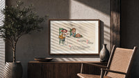 Frances Brundage Thanksgiving Day Greetings print in a walnut frame above a fluted sideboard and cane chair