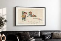 Frances Brundage Thanksgiving Day Greetings print in a black frame above a black leather sofa on a white wall