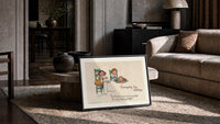 Frances Brundage Thanksgiving Day Greetings print in a black frame leaning on a rug beside a beige sofa