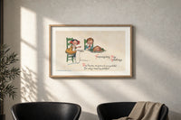 Frances Brundage Thanksgiving Day Greetings print in an oak frame on a sunlit wall above two leather armchairs