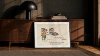 Frances Brundage Thanksgiving Day Greetings print in a black frame leaning against a walnut sideboard