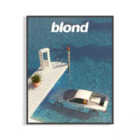 Frank Ocean Blond poster in a black frame showing a submerged luxury car beneath crystal blue pool water