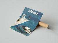 Blond album pool scene print standing beside a brown cardboard shipping tube on a surface