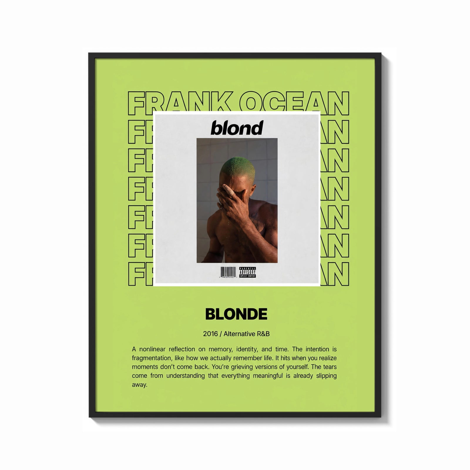 Framed Man covering face album cover print shown as a bold statement piece on a clean gallery wall