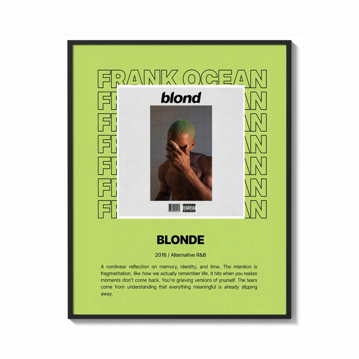Framed Man covering face album cover print shown as a bold statement piece on a clean gallery wall