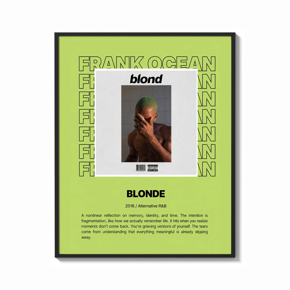 Framed Man covering face album cover print shown as a bold statement piece on a clean gallery wall