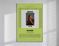 Man covering face album cover poster in a slim frame on a bright wall with soft window light
