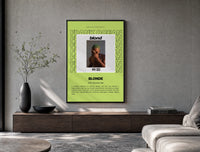 Man covering face album cover poster framed above a wood console in a concrete-wall living room