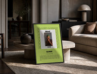 Man covering face album cover print in a black frame leaning on a travertine table in a sunlit lounge