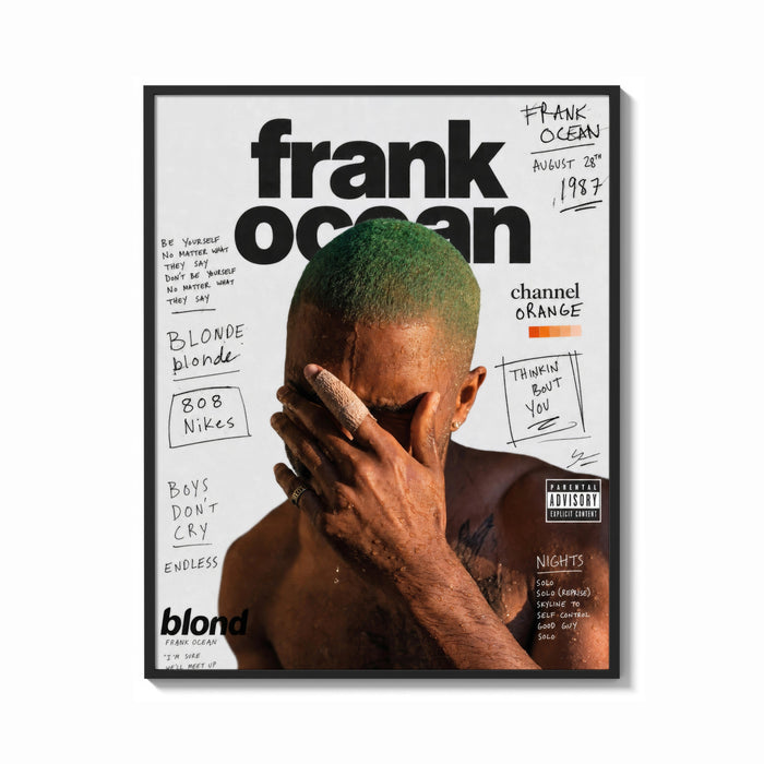 Framed Frank Ocean with green hair print shown as a bold statement piece on a clean gallery wall