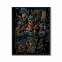 Framed Blue-haired muscular anime cyborg man print shown as a bold statement piece on a clean gallery wall