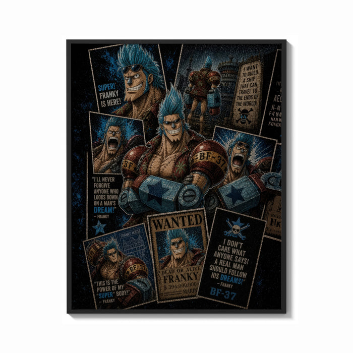 Framed Blue-haired muscular anime cyborg man print shown as a bold statement piece on a clean gallery wall
