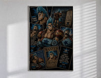Blue-haired muscular anime cyborg man poster in a slim frame on a bright wall with soft window light