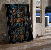 Blue-haired muscular anime cyborg man print in a black frame leaning beside a vintage door on parquet