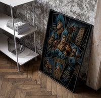 Blue-haired muscular anime cyborg man poster in a black frame leaning beside a shelf in a raw-plaster loft