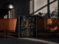 Black-framed Blue-haired muscular anime cyborg man print on a moody console with designer coffee-table books