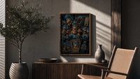 Blue-haired muscular anime cyborg man poster framed above a fluted sideboard beside an olive tree