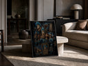 Blue-haired muscular anime cyborg man print in a black frame leaning on a travertine table in a sunlit lounge